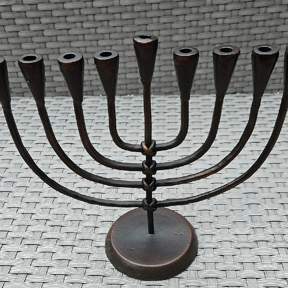 Vintage Crate&Barrel Hanukkah Jewish Menorah Antique Bronze Wrought Iron Holder